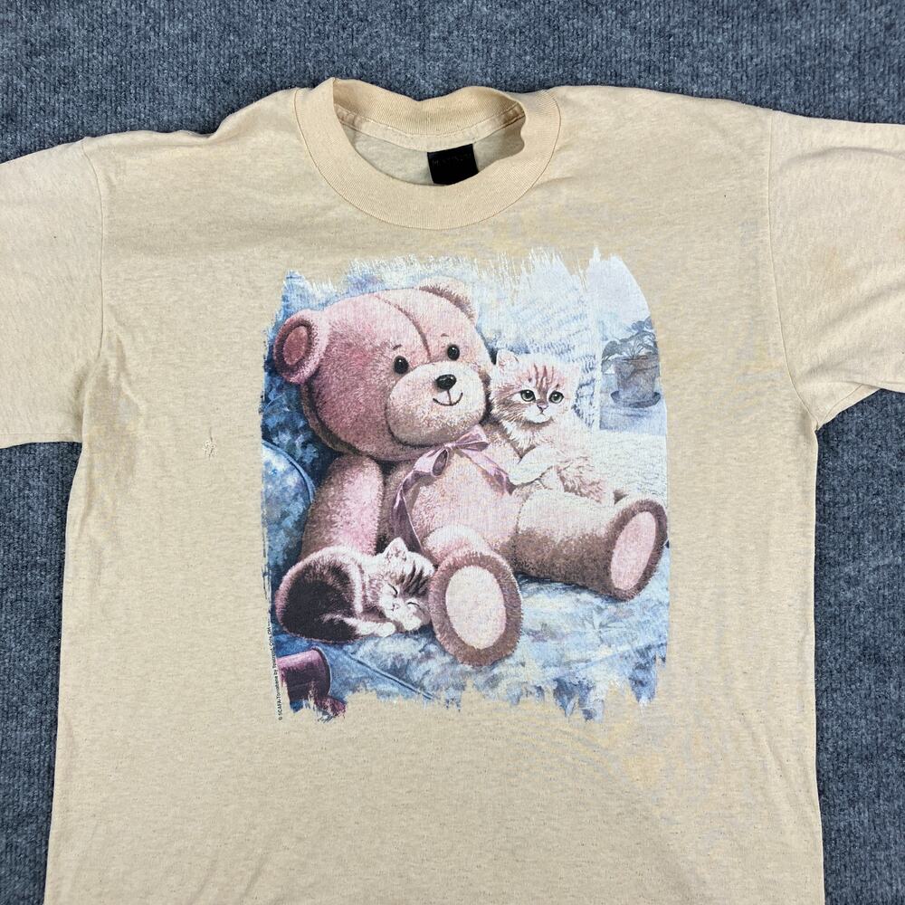 Platinum T's T-Shirt Mens Large Beige Teddy Bear Kittens Graphic Vintage Casual